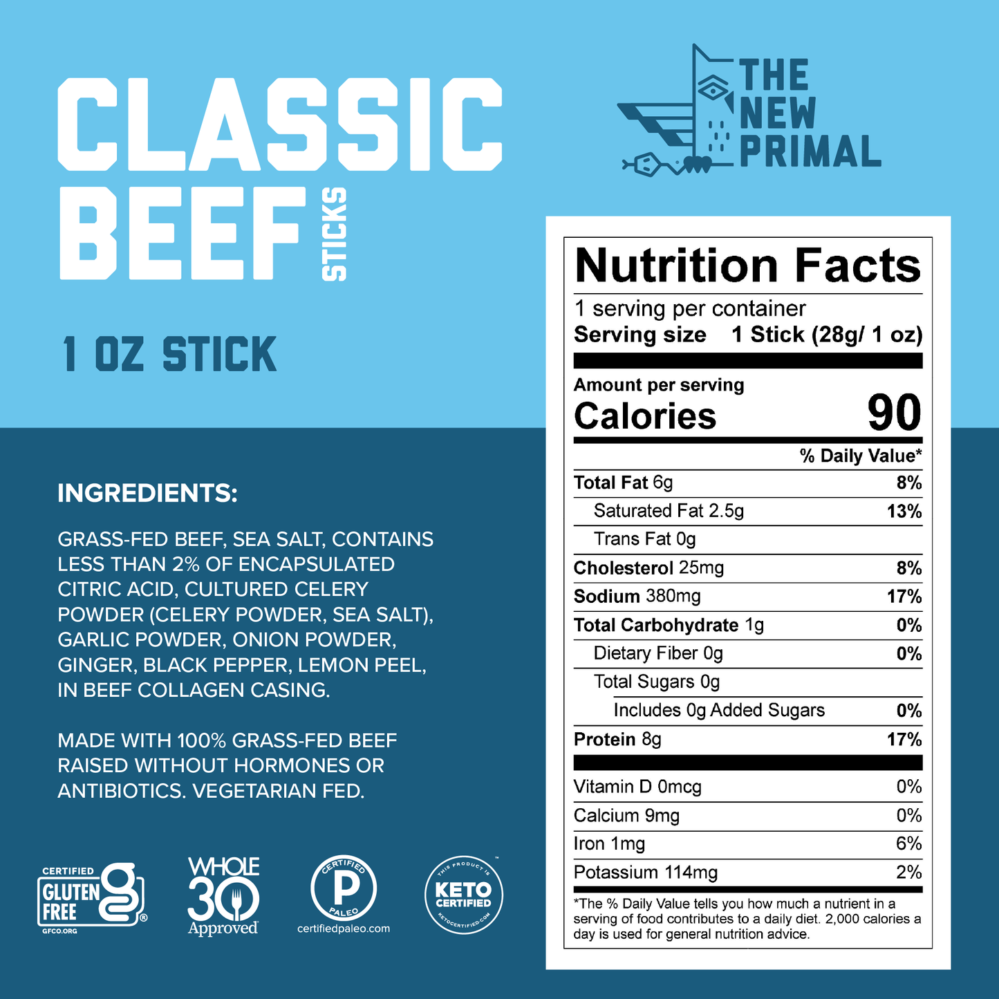 Classic 100% Grass-Fed Beef Meat Sticks, Zero Sugar