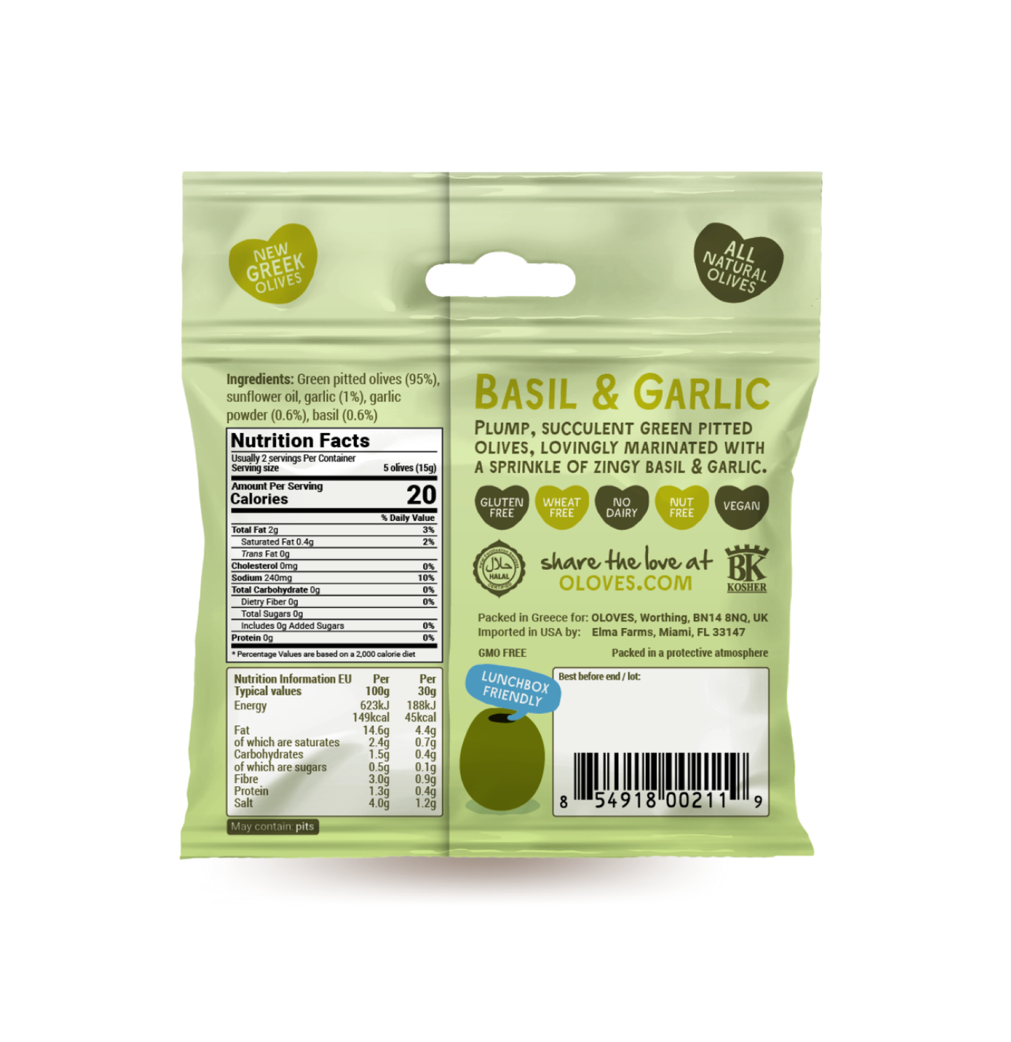 Oloves -  Basil & Garlic Pitted Green Olives 1.1oz